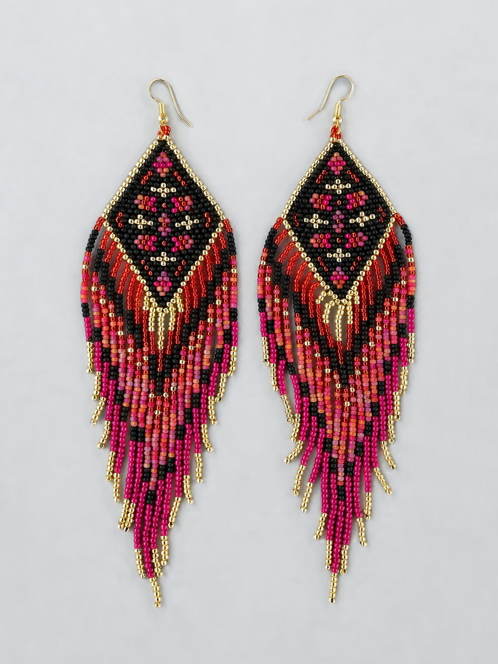 Dia Boho Fringe Seed Bead Earrings Southwestern Beaded Jewelry - Pink Black